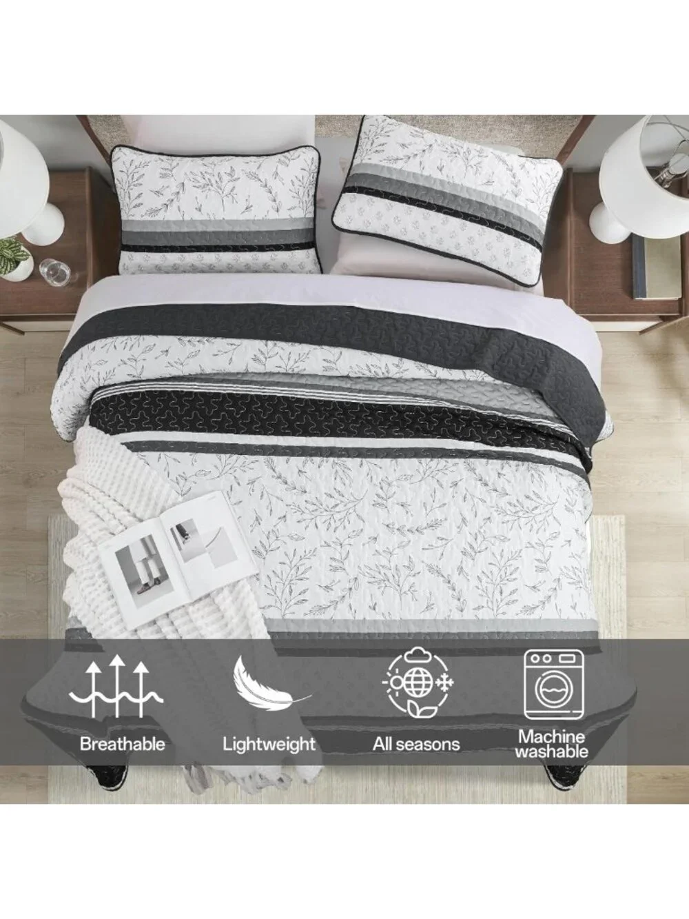 Boho Black Striped Queen Quilt Set, Lightweight Patchwork Bedspread & 2